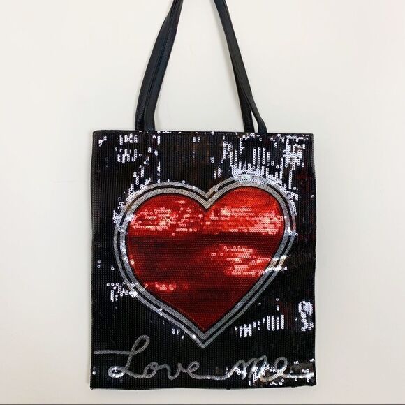 Love Me Fashion Sequin Tote Bag, Black/Red - Picture 3 of 7